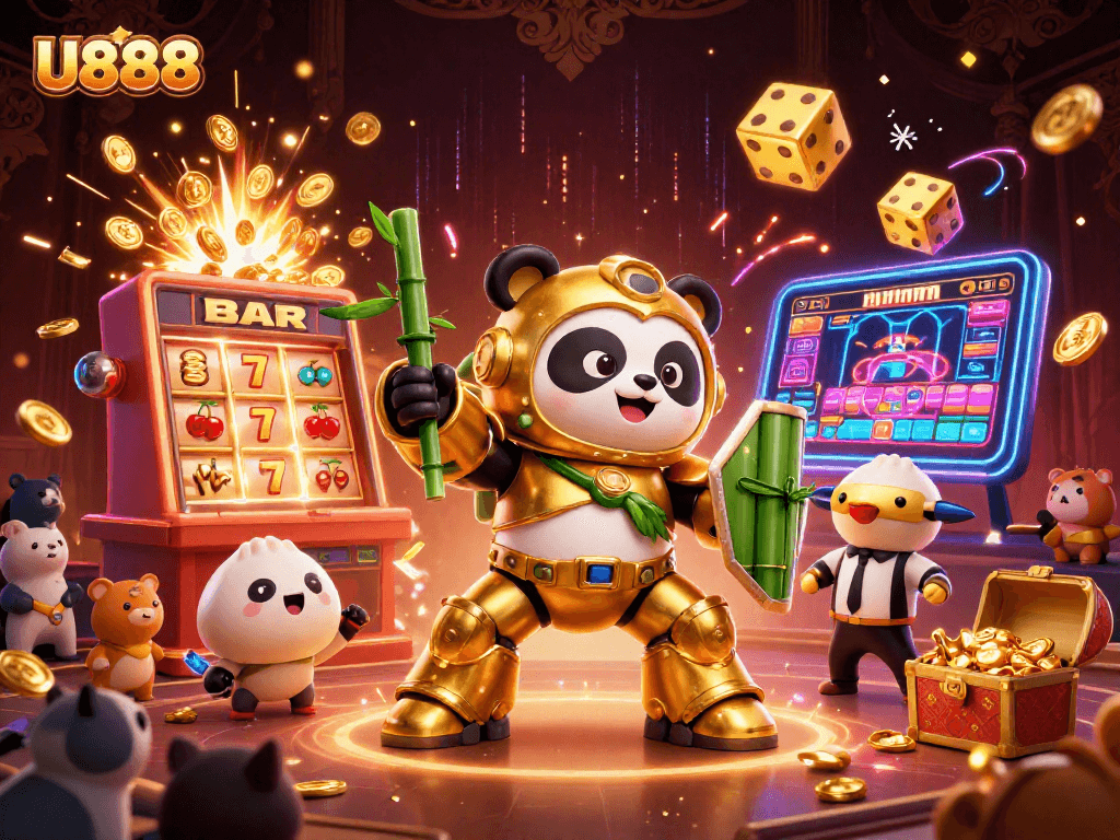 Experience thrilling jackpots at U888 while witnessing a dazzling gaming arena with vibrant characters and rewards.