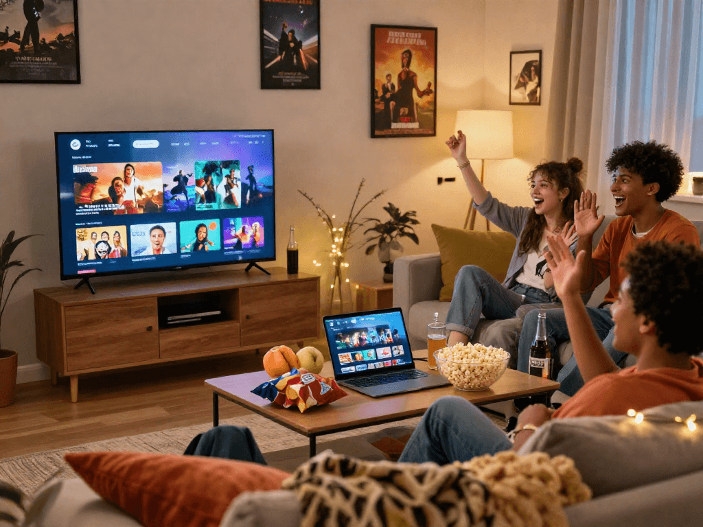 Friends enjoying movie night with cocoflix on a smart TV in a cozy living room