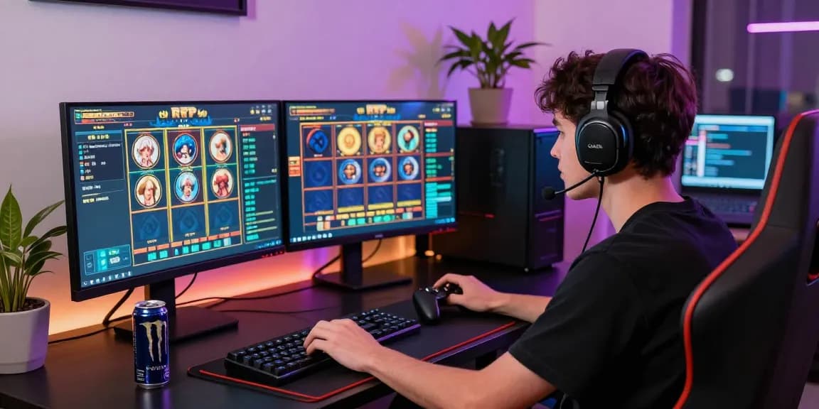 Player engaged in dynamic online gaming on MPOCASH platform with vibrant slot game displays and gaming setup.