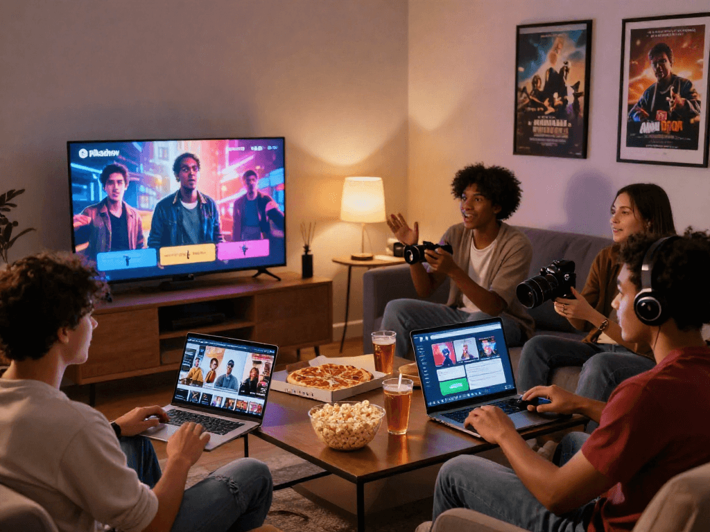 Friends enjoying Pikashow app together in a cozy living room with digital devices and warm ambiance.