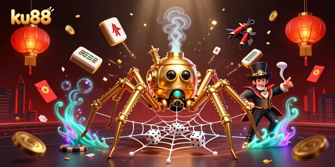 ku88 showcases a steampunk spider weaving luck in a dazzling casino ambiance.