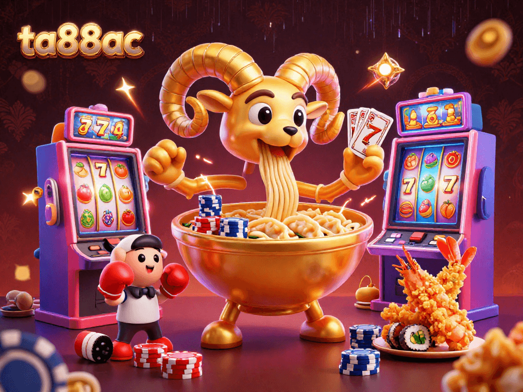 Engage in thrilling gaming action at ta88ac with vibrant casino characters and slot machines.