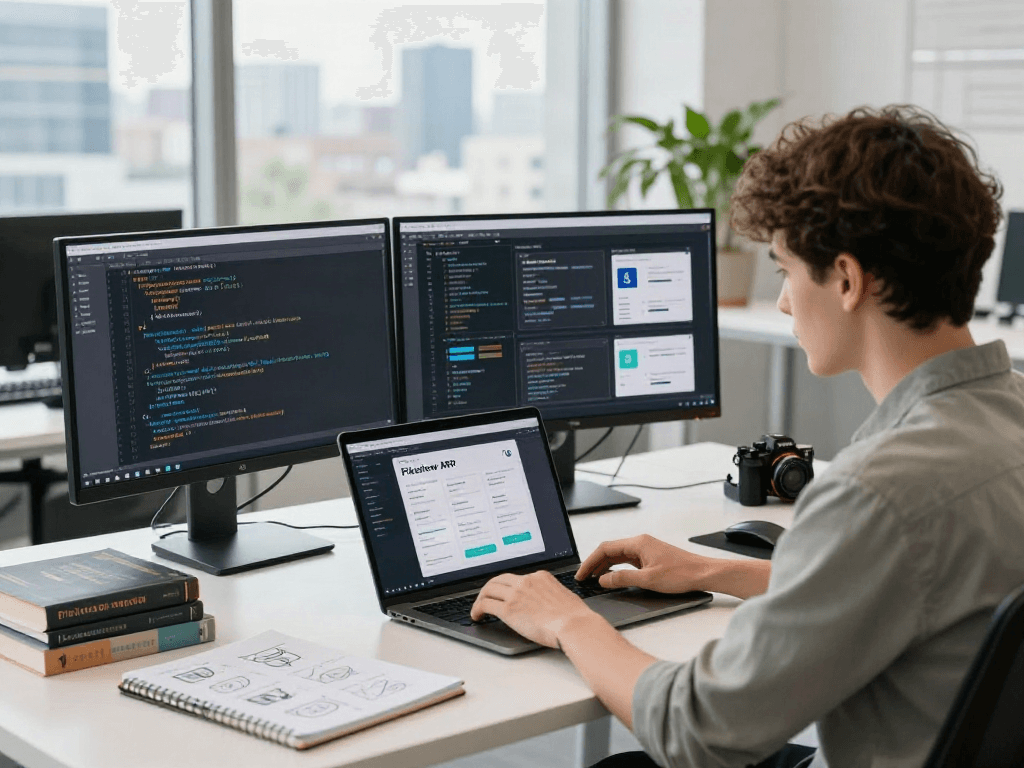 Pikashow APK development in a vibrant tech workspace with dual monitors and coding references.