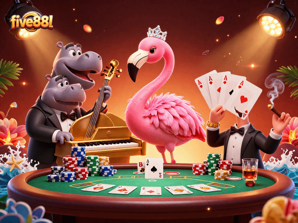 Experience the fun of five88l casino with characters enjoying poker and vibrant gaming elements.