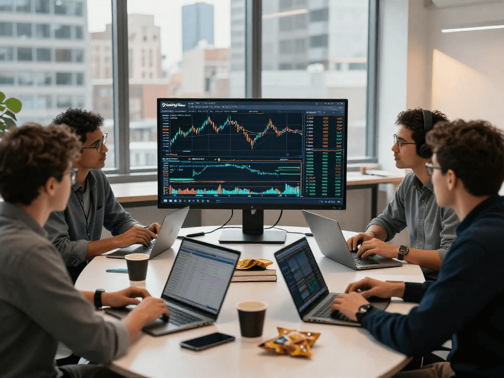 使用TradingView进行行情分析的交易员在现代办公室讨论策略。