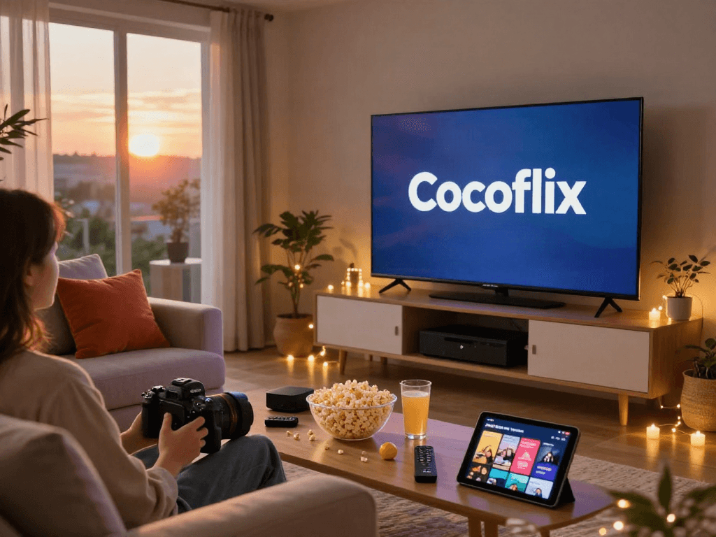 Cocoflix streaming scene with cozy living room, smart TV, and popcorn for movie night.