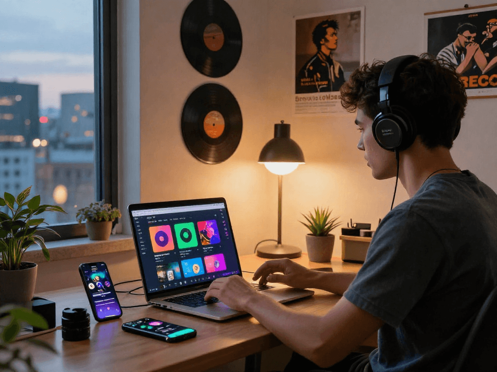 Discover the vibrant workspace of a music enthusiast using a spotify mod, complete with headphones, colorful visuals, and a modern setup.