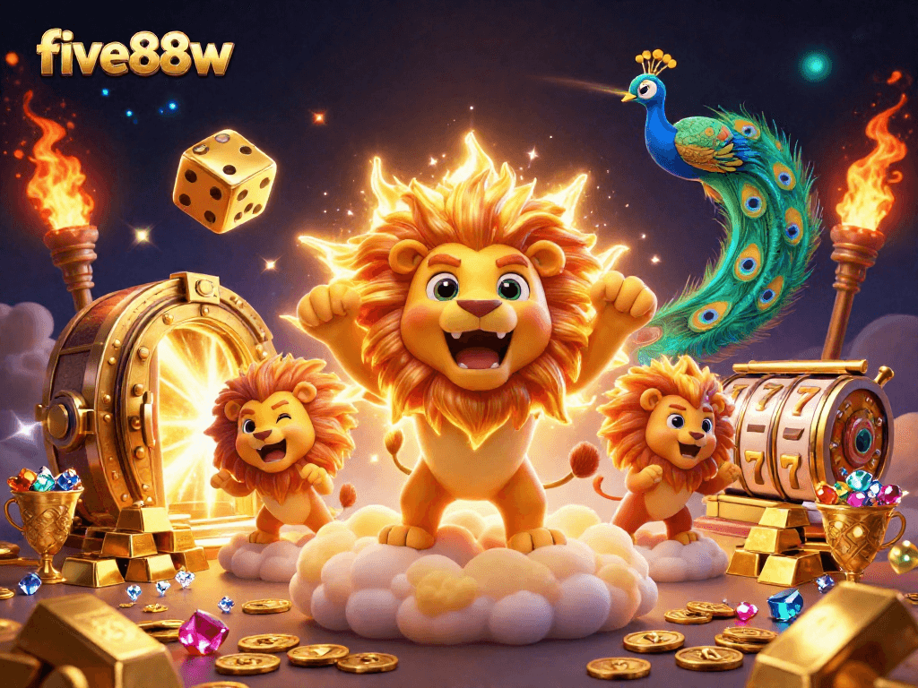 Engage with five88w's thrilling 3D casino scene featuring vibrant sun lion, golden dice, and slot elements.
