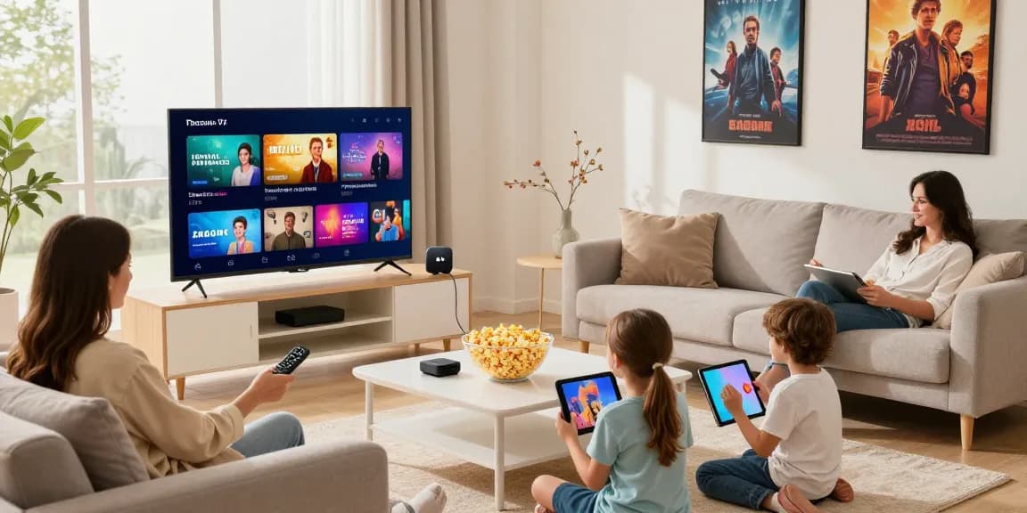 Gezellige woonkamer met gezin die samen IPTV abonnementen streamen in 4K-kwaliteit.