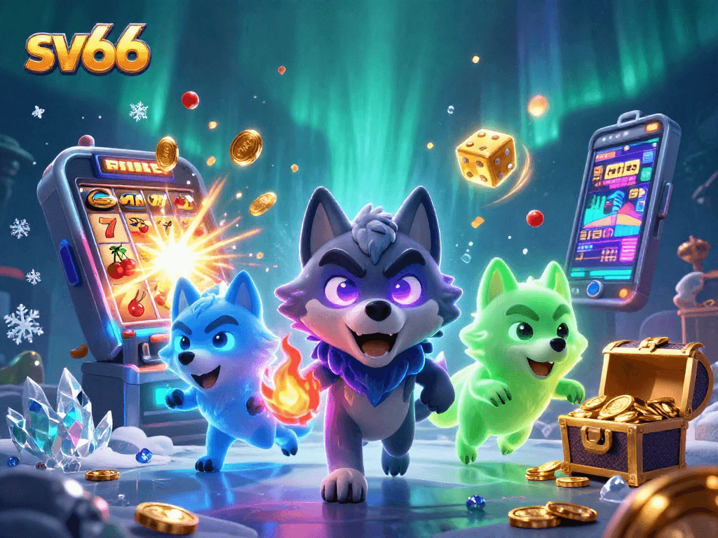Spin and win at sv66 with vibrant slot machines, ghostly wolves, and treasure chests in a dynamic casino scene.