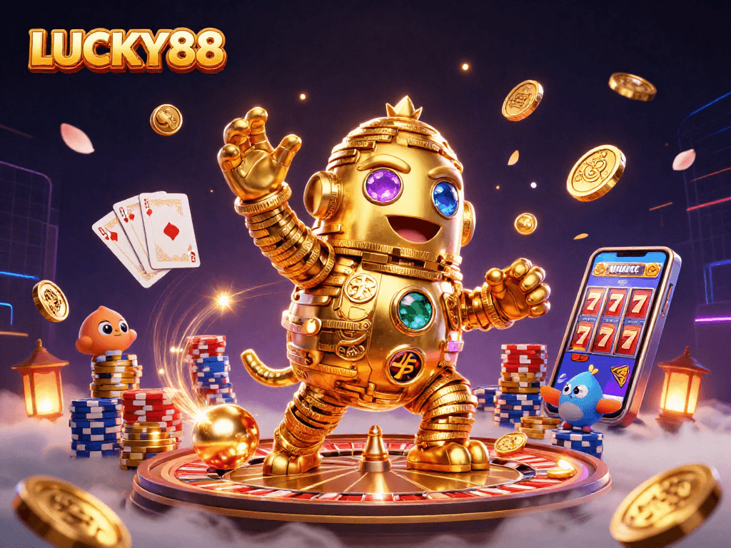 Experience LUCKY88’s exciting game features in an ultra-detailed 3D casino illustration.