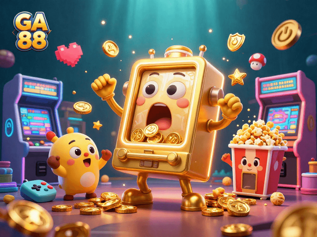 Engage with GA 88 as the golden slot machine celebrates its jackpot amidst a fun-filled arcade.