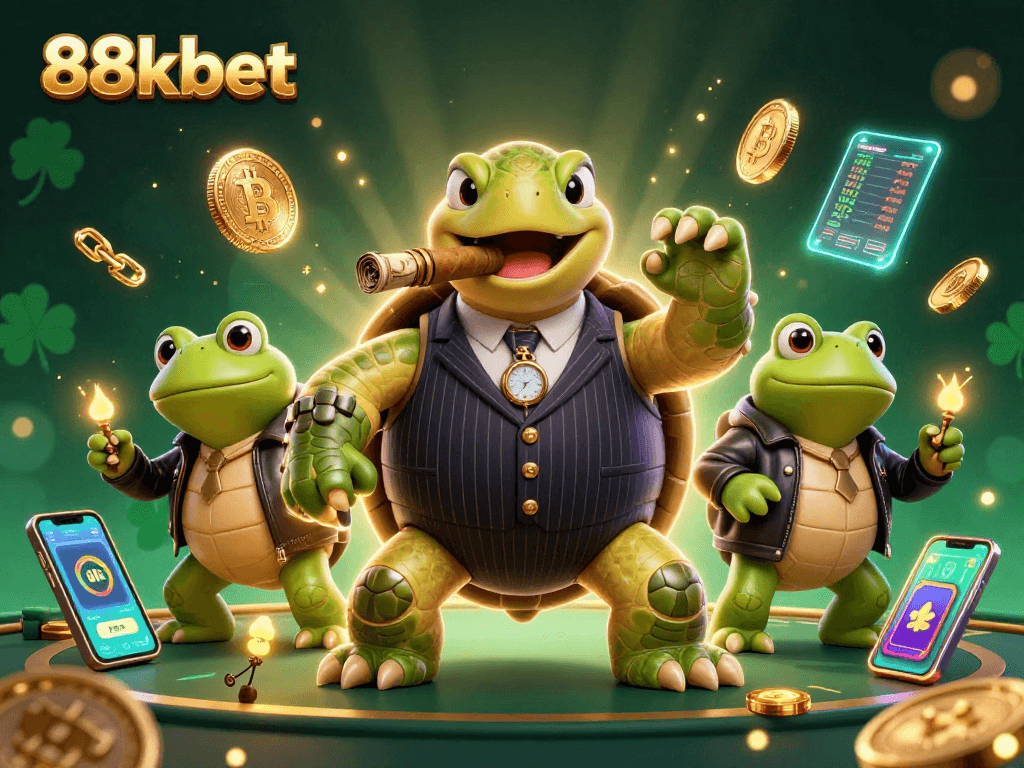 Join the fun at 88kbet with a lively scene showcasing a snapping turtle and bullfrogs in a vibrant casino setting.