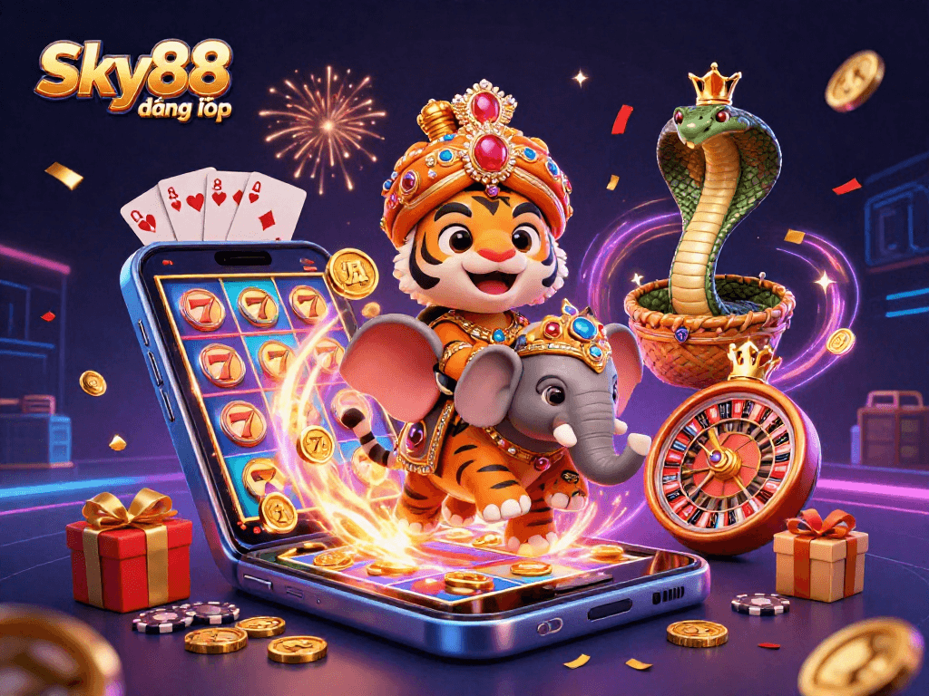 Win big with Sky88 đăng nhập at the vibrant casino featuring a maharaja and slot game action.