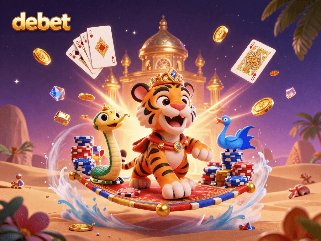 debet showcases an Arabian Nights-themed casino experience with vibrant 3D characters and dynamic elements.