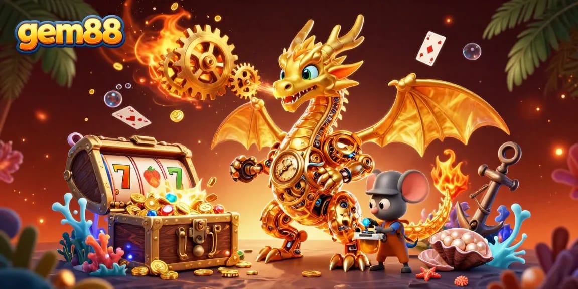 Experience thrilling wins at gem88 with a golden dragon and vibrant casino elements.
