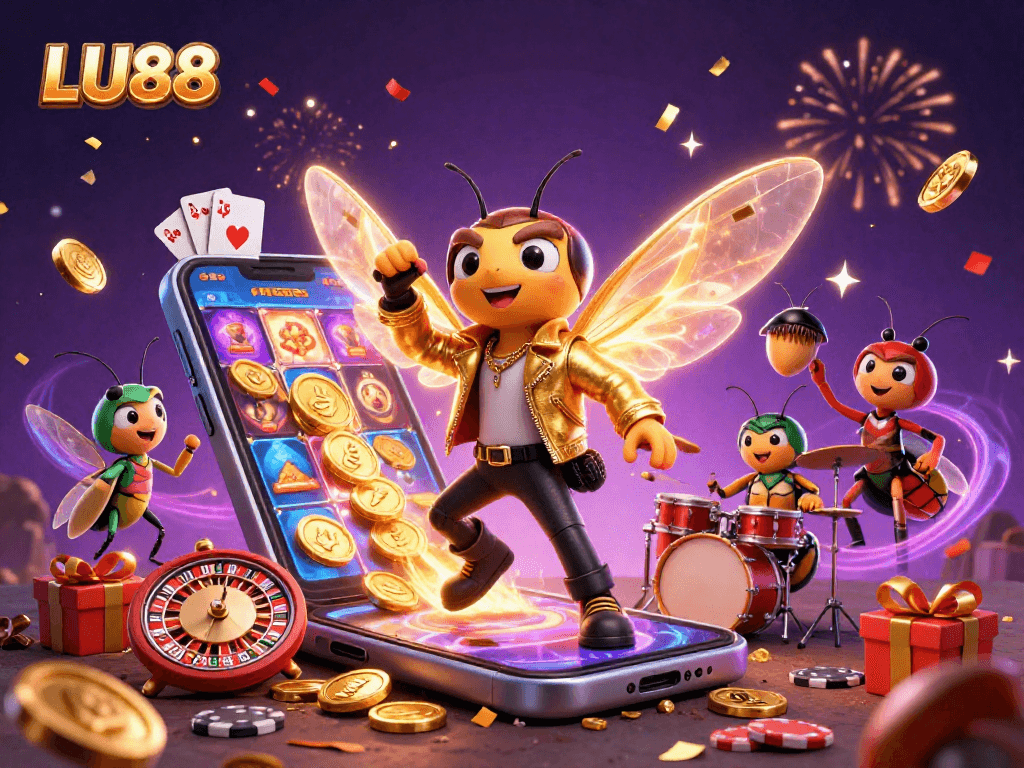 LU88 engages players with vibrant 3D illustration of a cicada rock star, slots, and casino elements.