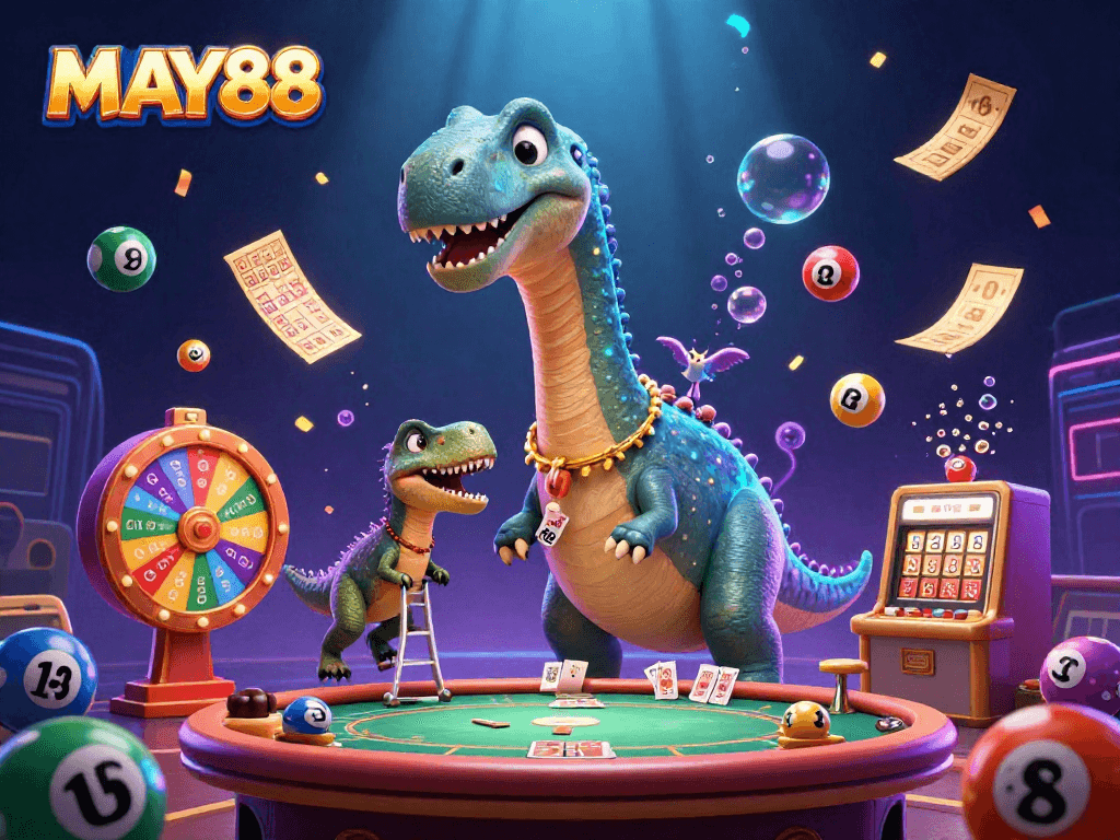 MAY88 showcases a vibrant digital scene with a giant brontosaurus and clever raptor dealing poker cards, illustrating casino excitement.