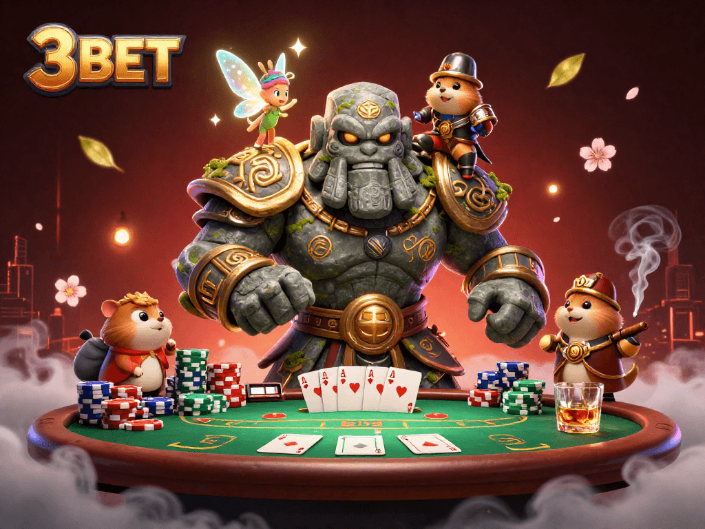 Engage with 3 BET's vibrant casino scene featuring magical characters and poker elements.