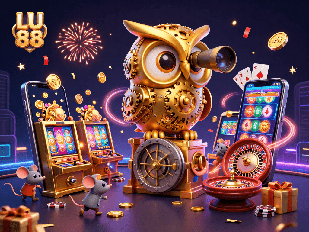 Engaging LU 88 casino scene with a golden owl, wind-up mouse patrons, and vibrant gaming elements.