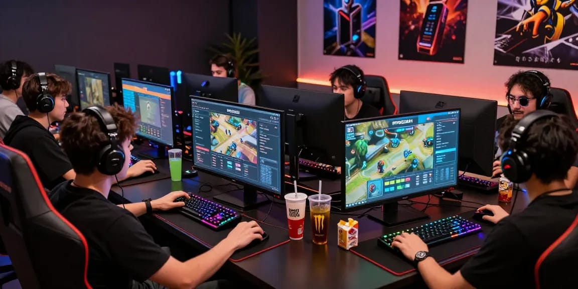 Engaged online gamers using MPOCASH platform with vibrant atmosphere and technology at play.