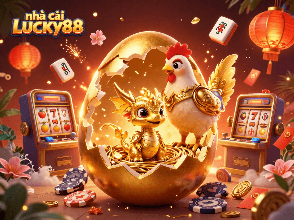 Experience lucky gaming adventures with nhà cái LUCKY88 in this vibrant 3D illustration of a golden dragon.