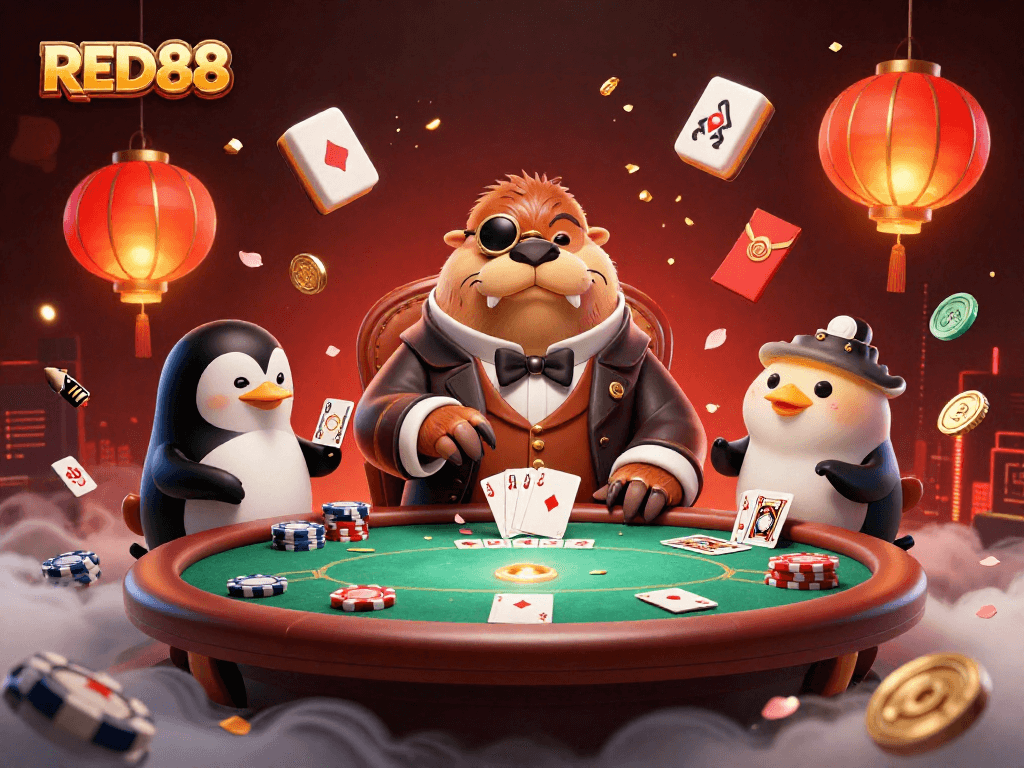 Play poker with the lively RED88 walrus at an underwater casino, surrounded by vibrant game elements.