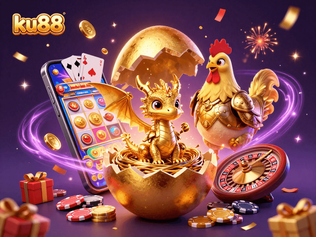 ku88 showcases a golden dragon and poker chips amidst colorful slot games and festive confetti.