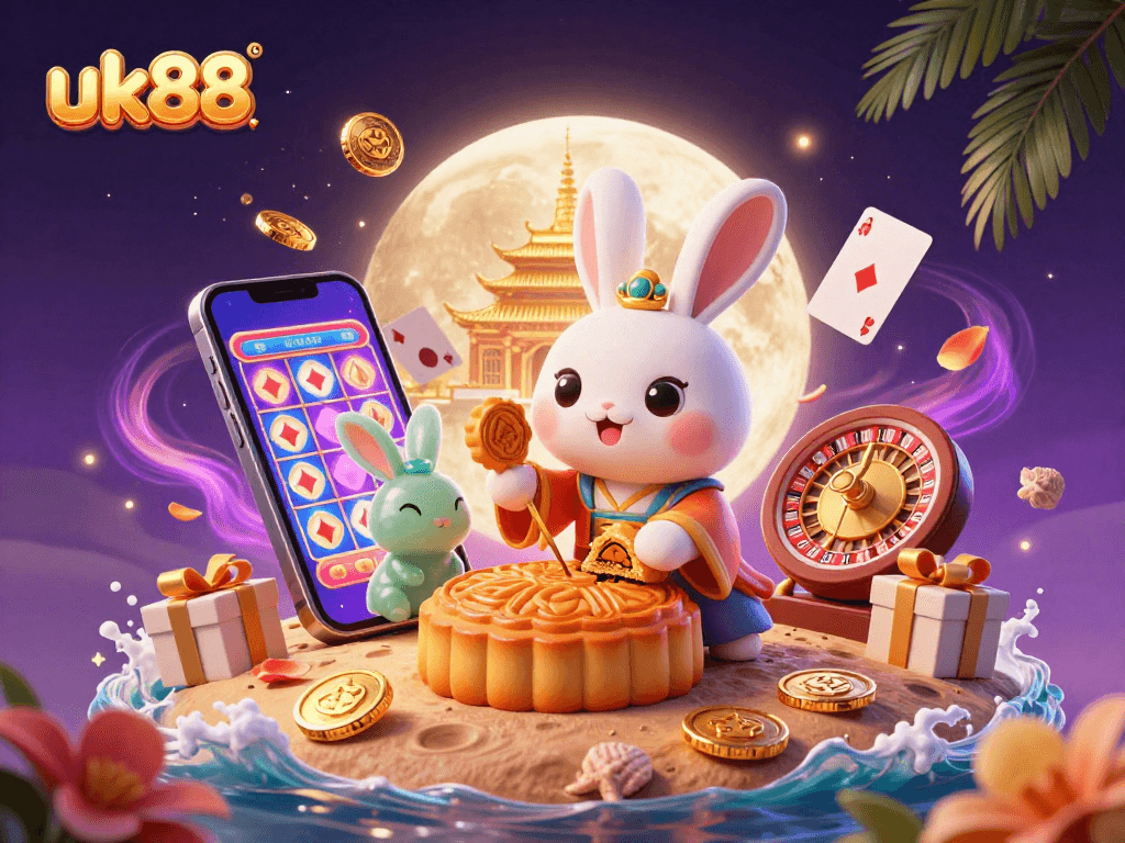Engage with uk88's vibrant gaming scene featuring a moon rabbit, poker chips, and dynamic casino elements.