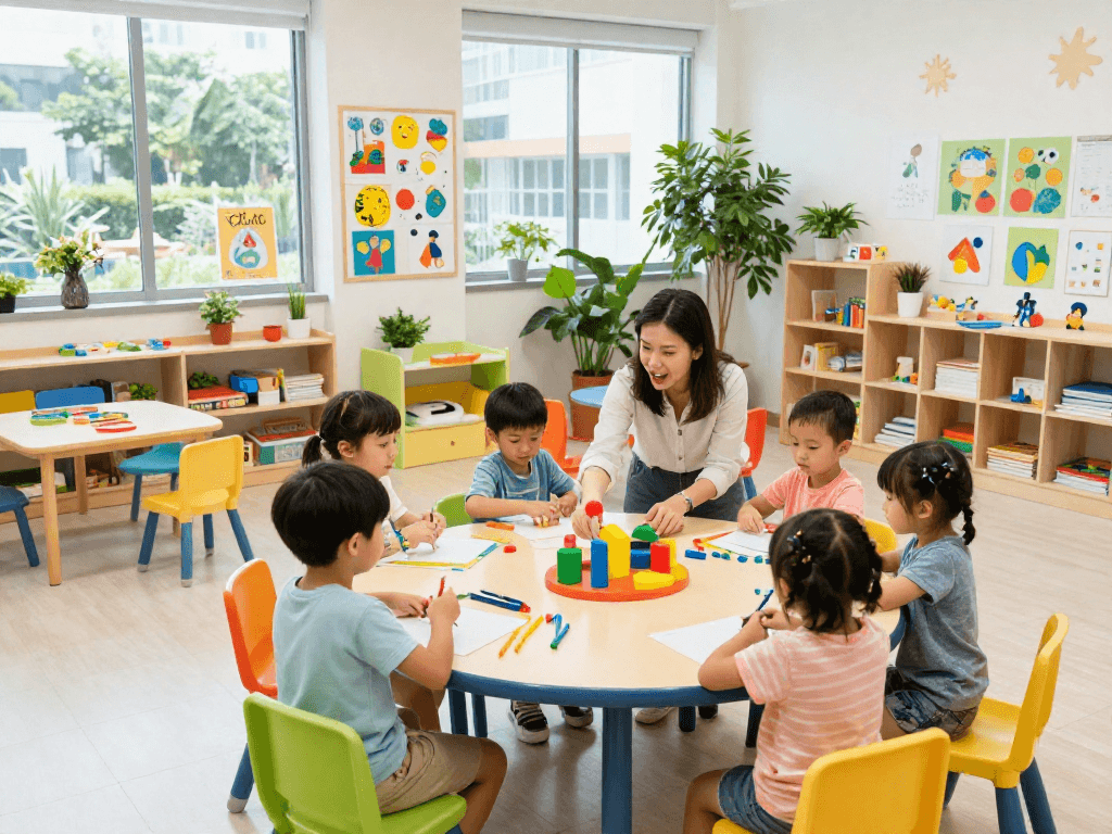 Interactive preschool classroom showcasing the best preschool Singapore learning environment with engaged children and vibrant decorations.
