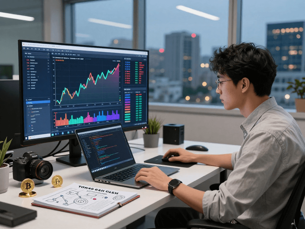 Data analyst exploring tornardocash trends in a modern office with technology.