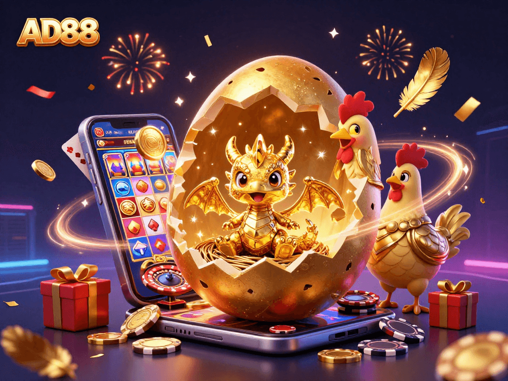 AD88 engages players with a golden dragon surrounded by casino elements, enhancing the excitement of winning.