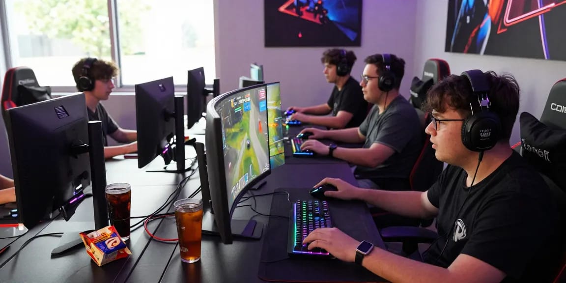 Gamers immersed in a lucky77 multiplayer match at a vibrant gaming setup.