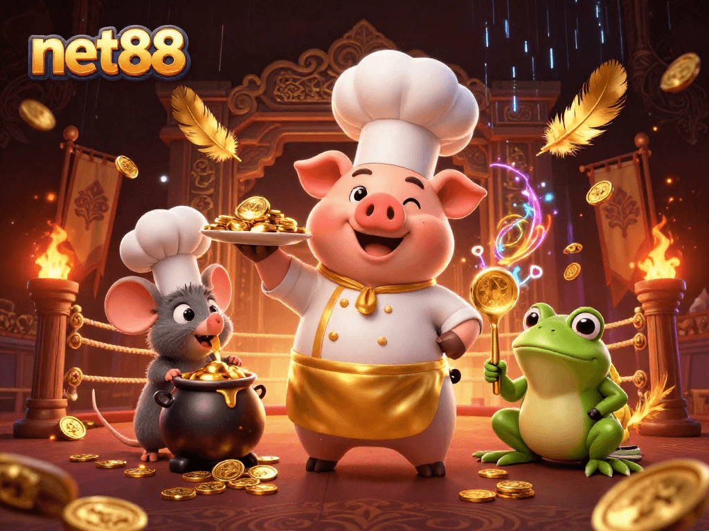 Bet on fun with net88 as a chef pig serves gold coins in a dynamic casino scene.