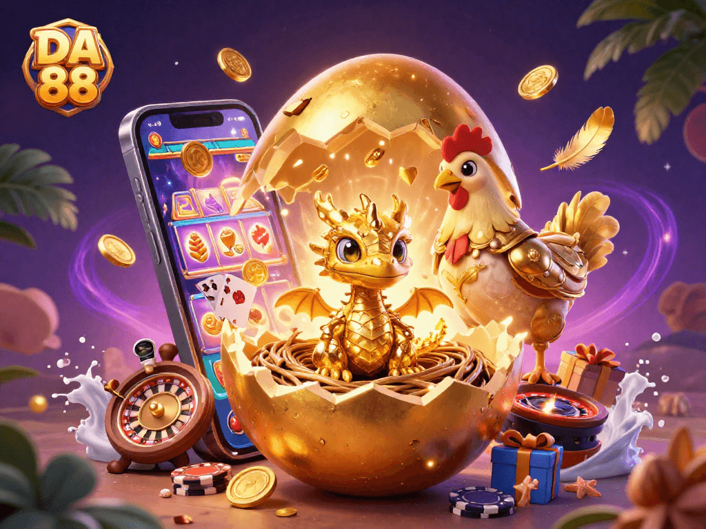 Experience the magic of DA 88 with captivating 3D illustration of a golden dragon and casino elements.