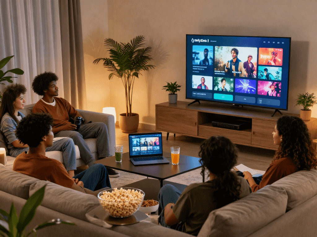 Friends enjoying a movie night streamed via filmyzilla in a cozy living room.