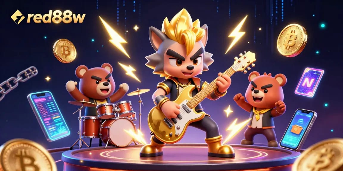 Experience the excitement of red88w with animated wolf rock star and crypto casino-themed elements