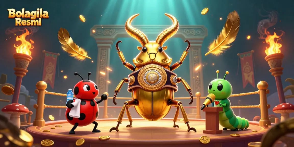 Experience thrilling gameplay with Bolagila Resmi, featuring a golden stag beetle in combat on a vibrant casino stage.