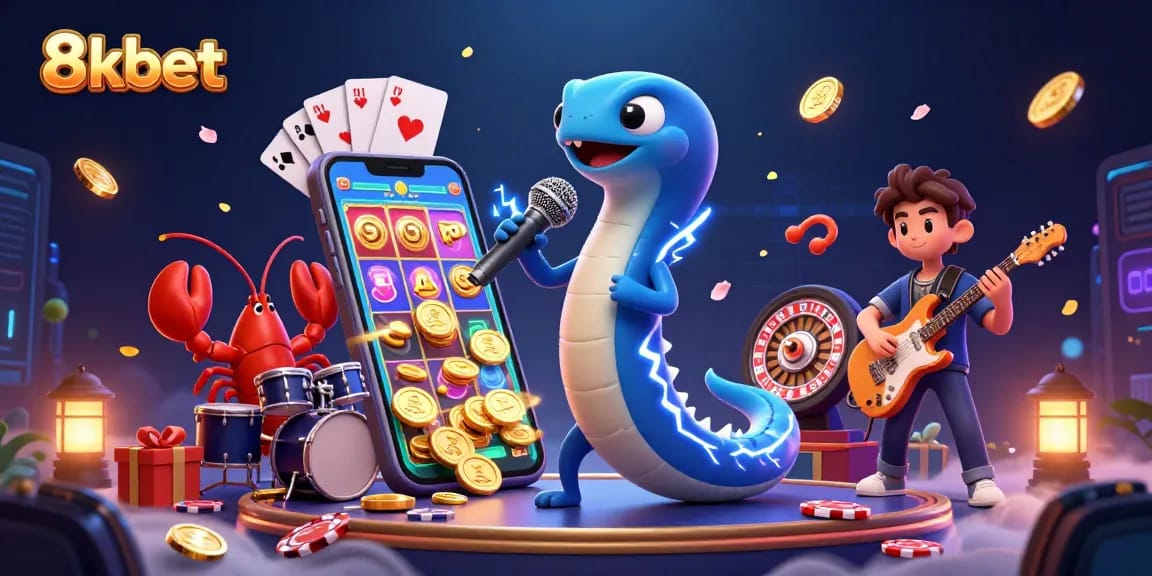 8kbet hosts a vibrant underwater casino scene with an electric eel DJ, dynamic gameplay elements, and lively characters.