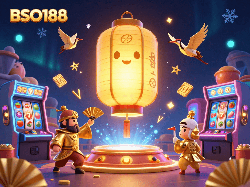 Experience the vibrant BSO188 casino atmosphere with a golden lantern spirit, slot reels, and colorful game elements.