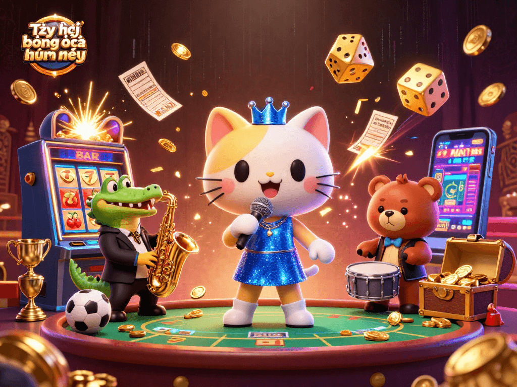 Tỷ lệ bóng đá trực tuyến hôm nay illustrated in dynamic 3D scene showcasing sports betting excitement with vibrant casino elements.