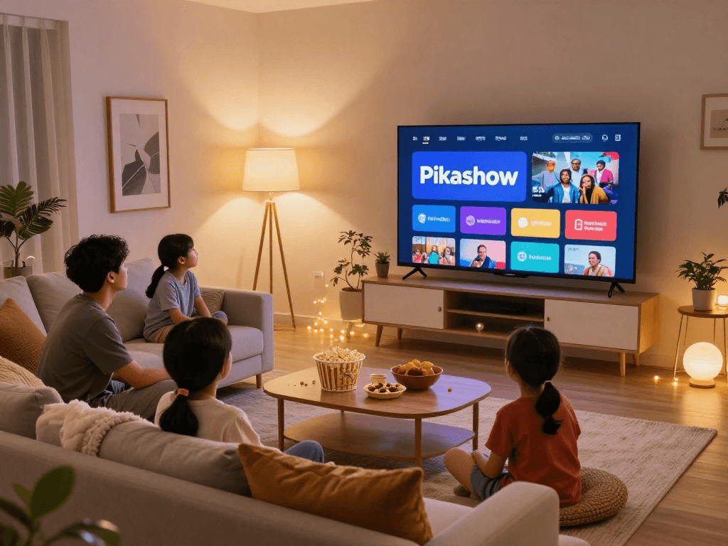 Pikashow logo on a vibrant TV, family enjoying movie night, cozy living room scene
