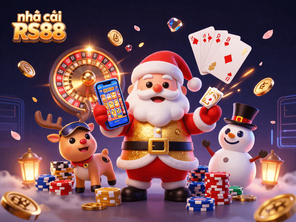 Experience the excitement of nhà cái RS88 with vibrant visuals of Santa Claus celebrating wins in a rich casino setting.