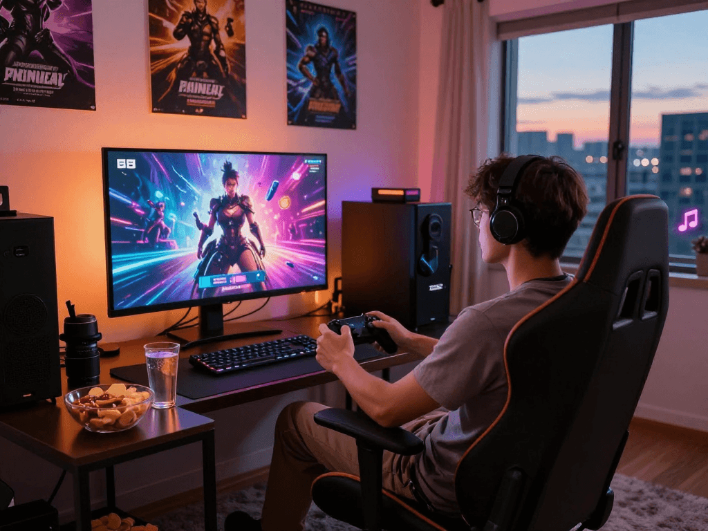 Immerse in exciting porn games with engaging gameplay in a cozy game room.
