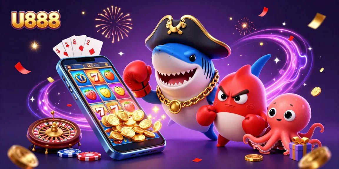 Experience exciting gaming at U888 with vibrant casino characters and dynamic slot visuals.