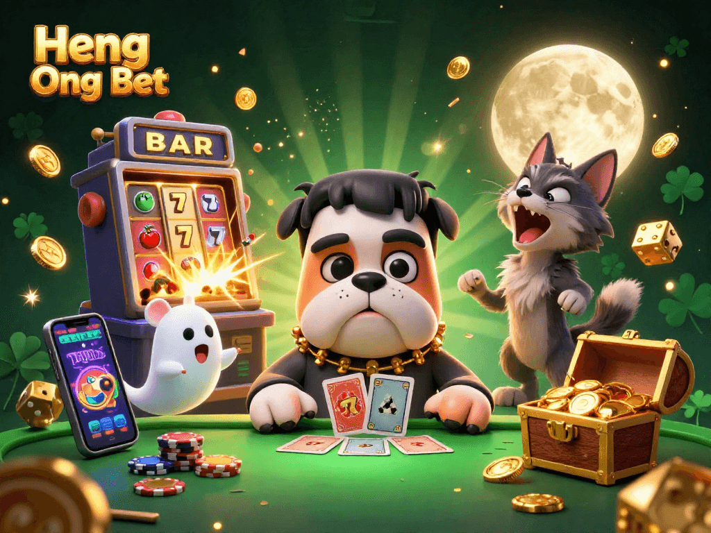 Experience thrilling gameplay at Heng Ong Bet with a lively 3D scene of a bulldog dealer and exciting slot machine action.