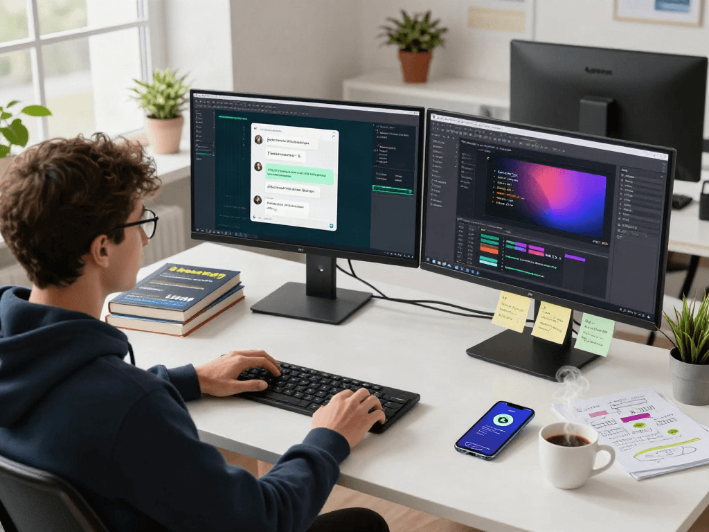 Mobile app development scene featuring gb WhatsApp on multiple monitors with a tech developer in a modern workspace.