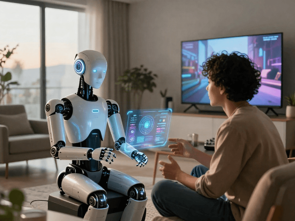 AI sex bot interacting with user in a modern digital environment showcasing futuristic technology and companionship.