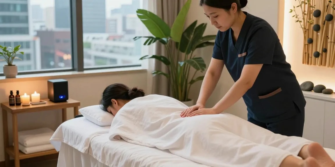 강남출장안마 massage therapy session in a serene urban spa environment with therapist and client.