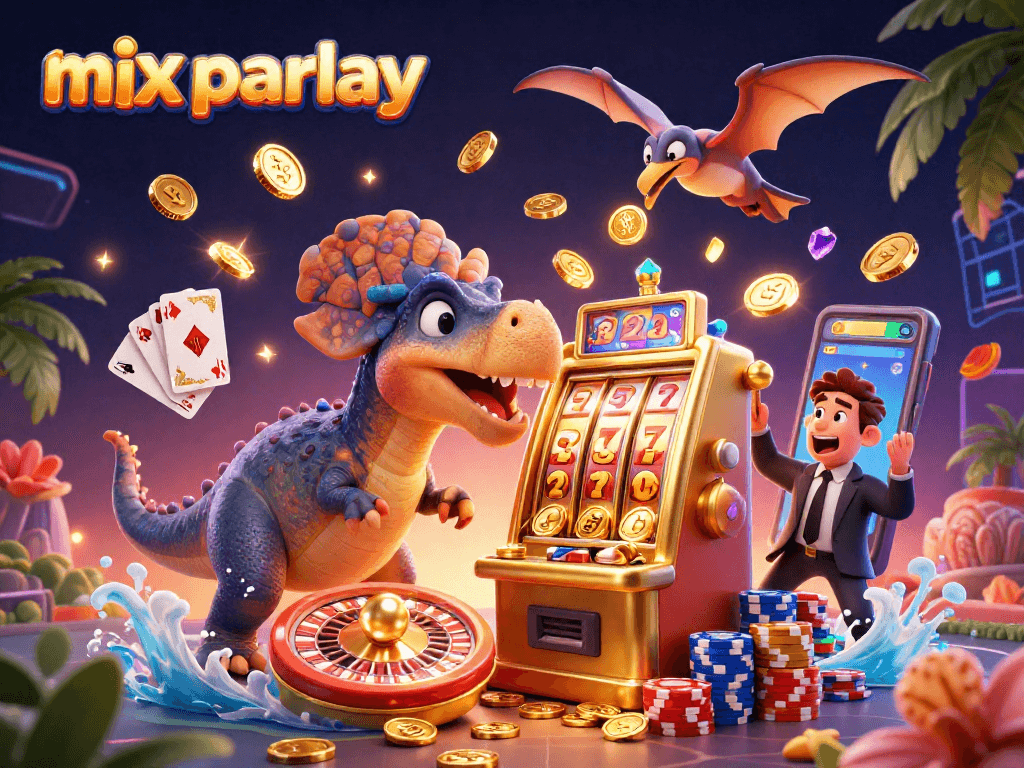 Engage in exciting mix parlay betting with 3D casino characters winning jackpot coins.